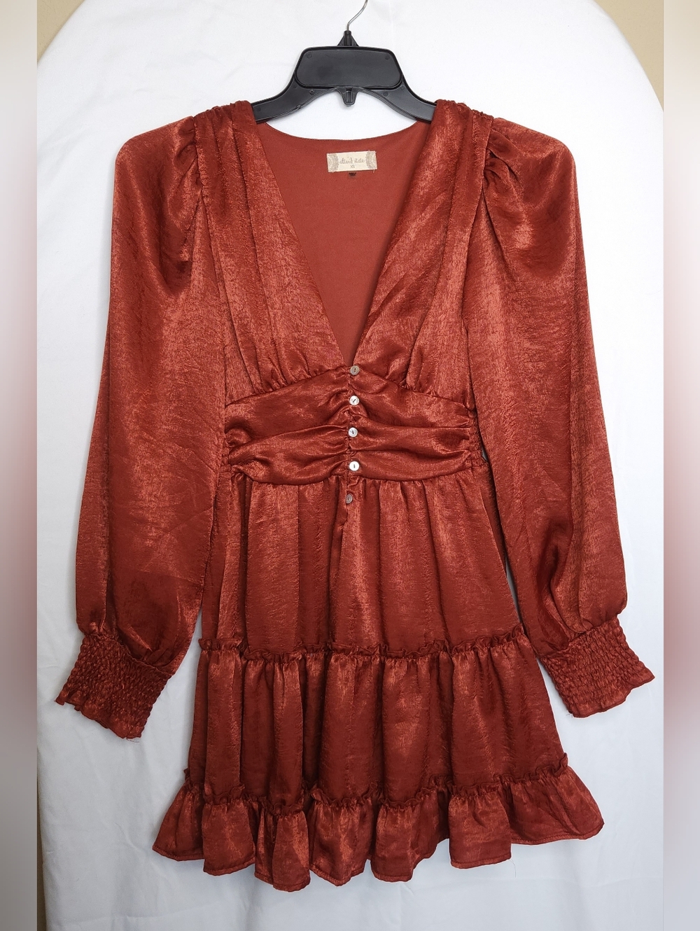 Altar'd State Rust Satin V-Neck Tiered Mini Dress